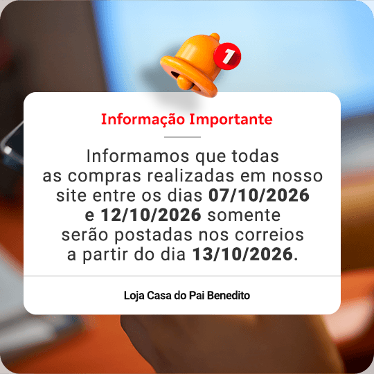 Informamos que todas as compras realizadas em nosso site entre os dias 07/10/2026 e 12/10/2026 somente serão postadas nos correios a partir do dia 13/10/2026.